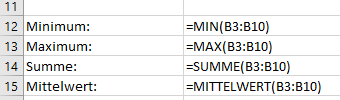 Minimum Maximum Summe Mittelwert