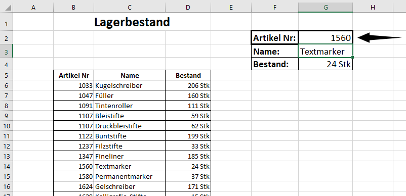 Beispielsuche für den Lagerbestand